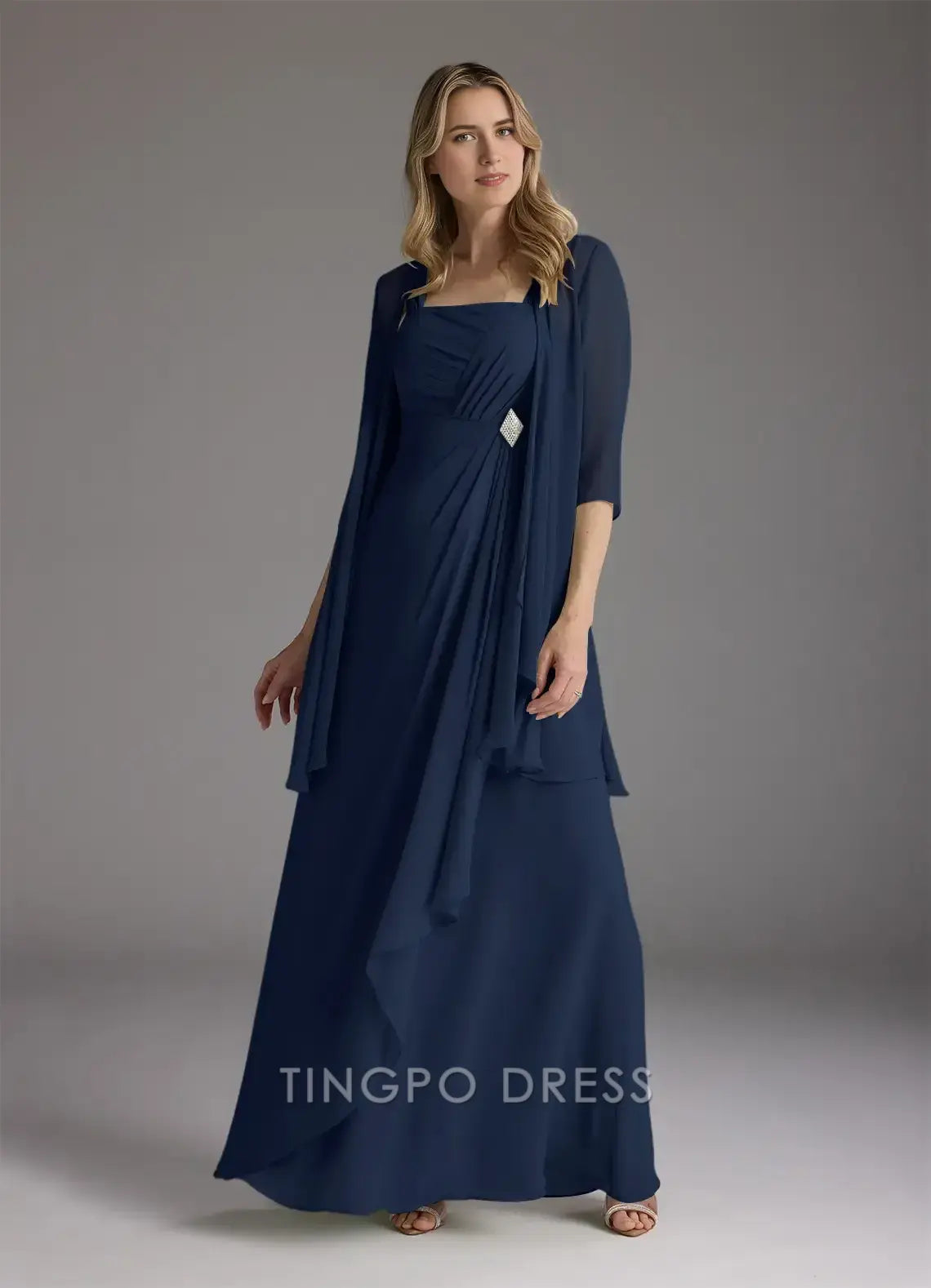 TingPo Wholesale Elegant Mother of the Bride Dresses Dark Navy A-Line Square Neckline Pleated Chiffon Dress for sale for women